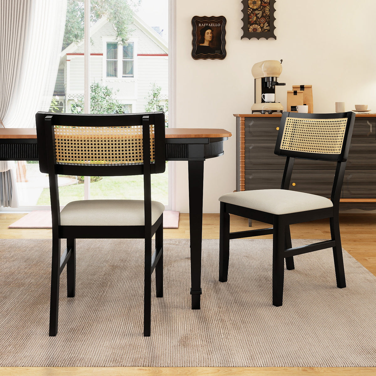 Rattan Dining Chairs Set of 2, Black - Padded Seat