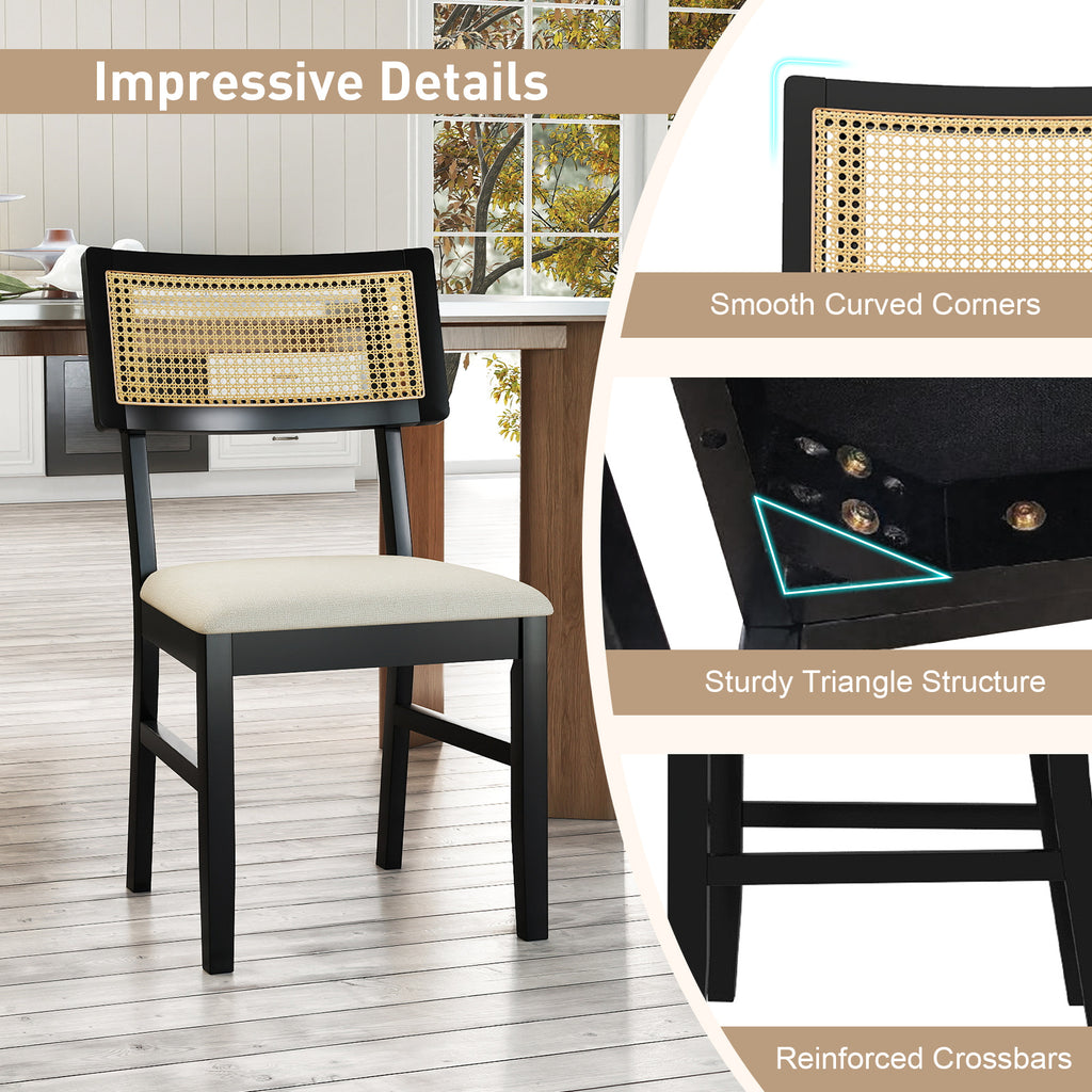 Rattan Dining Chairs Set of 2, Black - Padded Fabric Upholstered