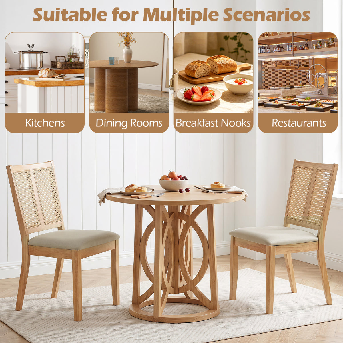 Rattan Dining Chairs Set of 2, Natural - Curved Back