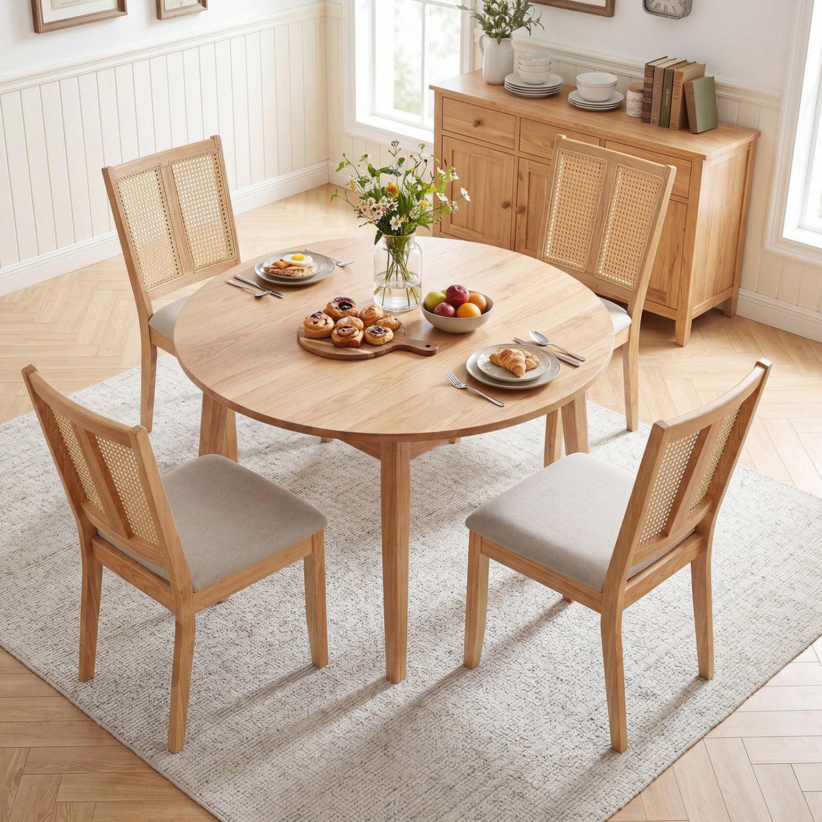 Rattan Dining Chairs Set of 4, Natural - Curved Backrest