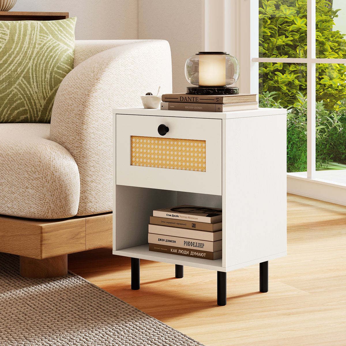 Rattan Nightstand Boho End Table with Drawer, Set of 2 - White