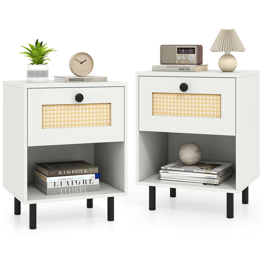Rattan Nightstand Boho End Table with Drawer, Set of 2 - White