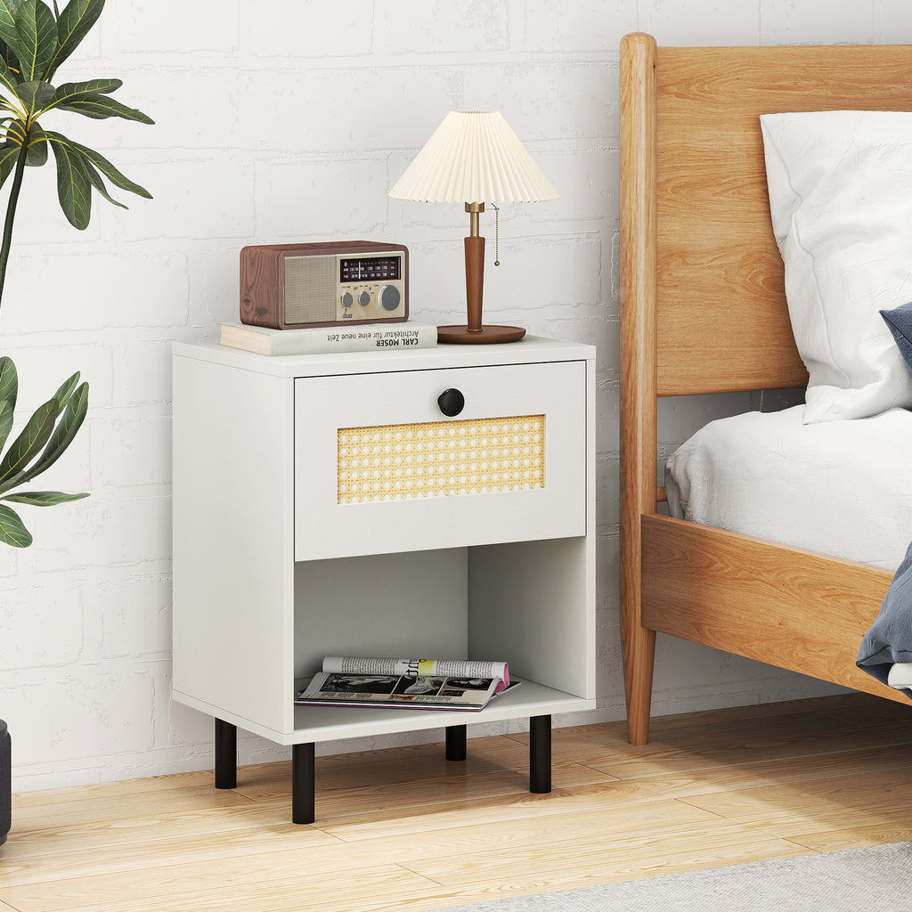 Rattan Nightstand with Drawer and Open Shelf - White