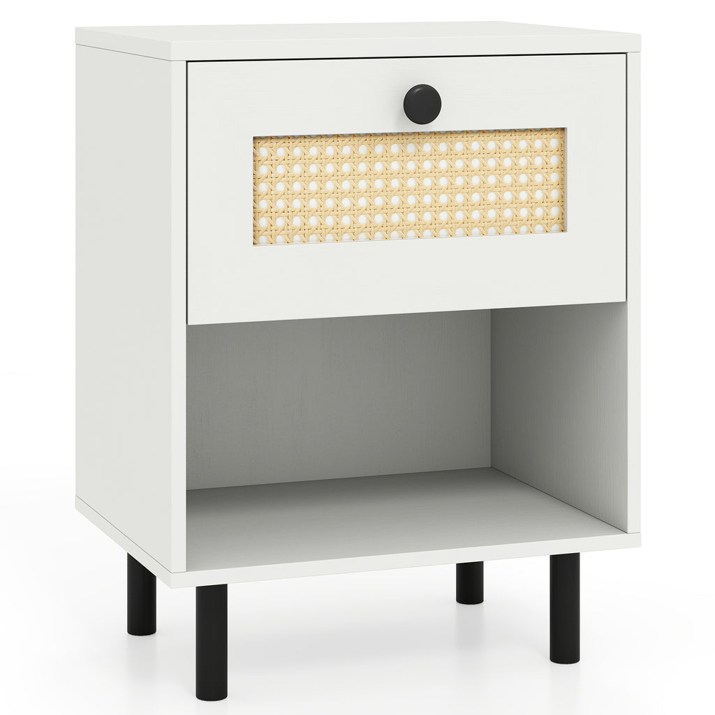 Rattan Nightstand with Drawer and Open Shelf - White