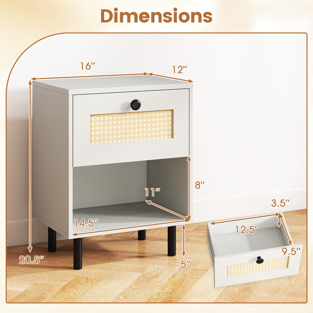 Rattan Nightstand with Drawer and Open Shelf - White