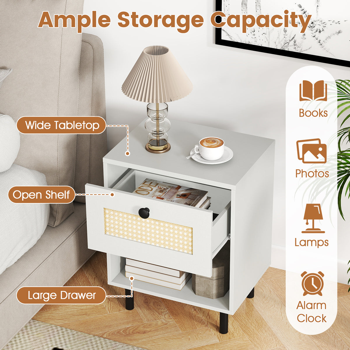Rattan Nightstand with Drawer and Open Shelf - White