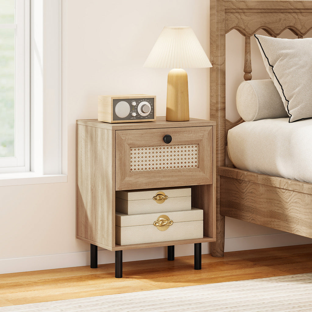 Rattan Nightstand with Drawer and Open Shelf - White
