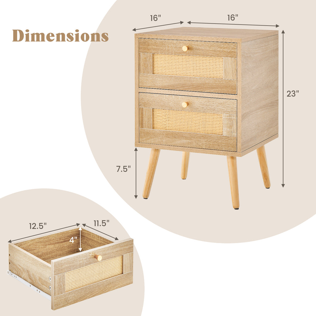 Rattan Nightstand with 2 Storage Drawers - Natural