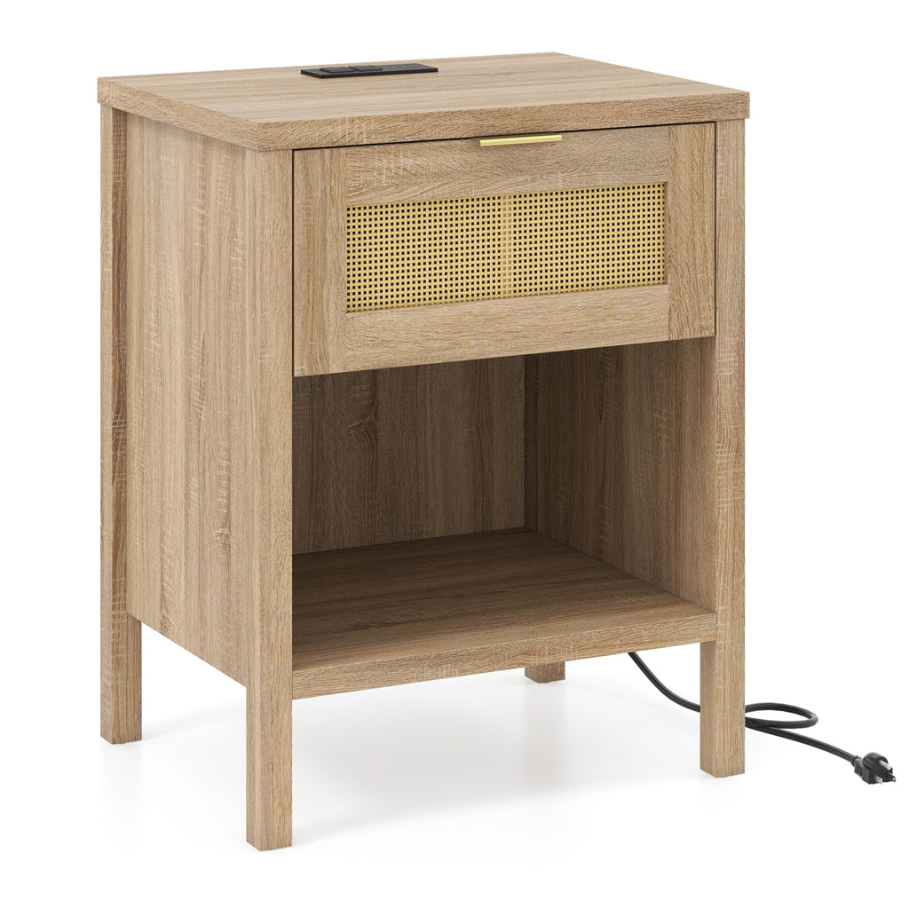 Rattan Nightstand with Charging Station & Storage - Oak