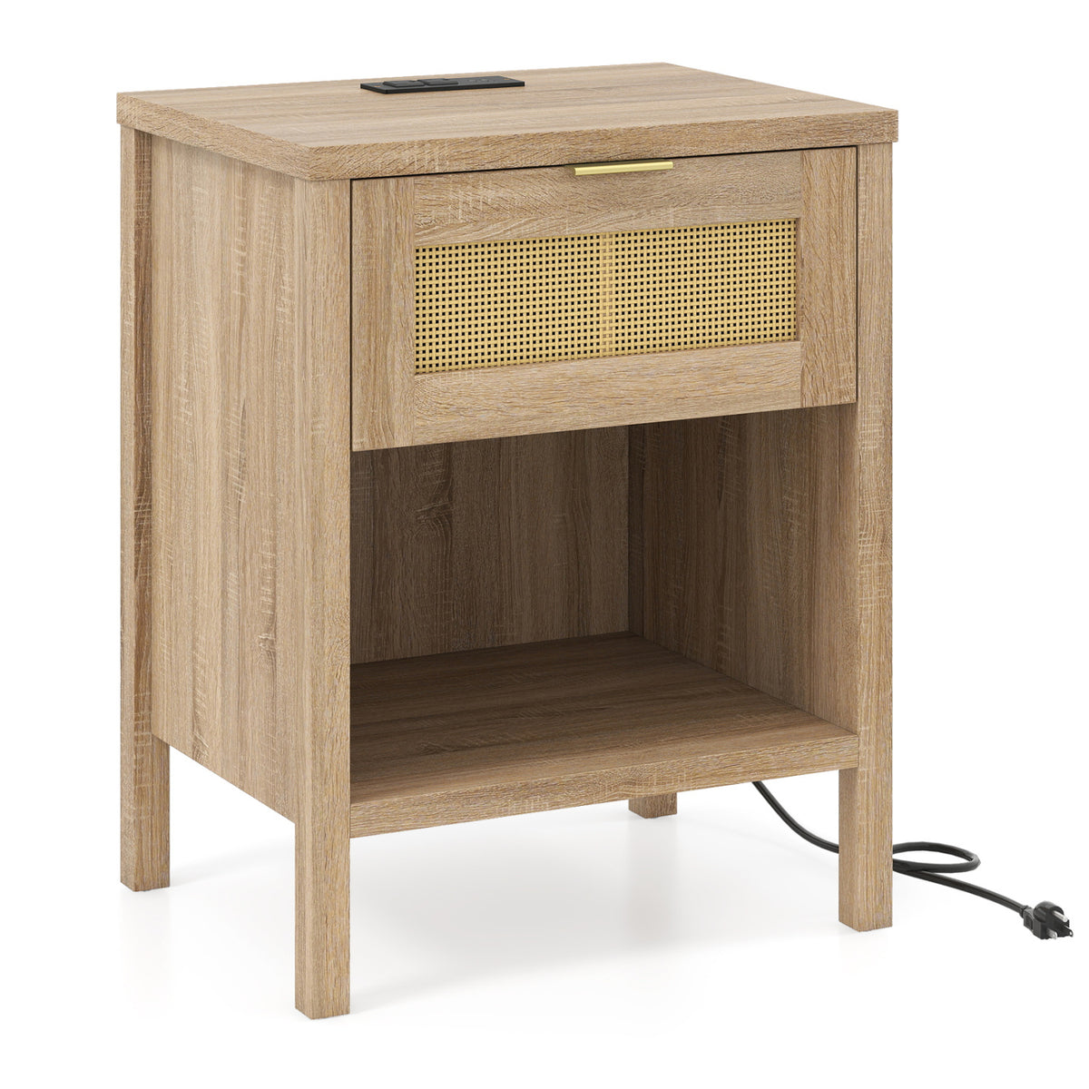 Rattan Nightstand with Charging Station & Storage - Oak