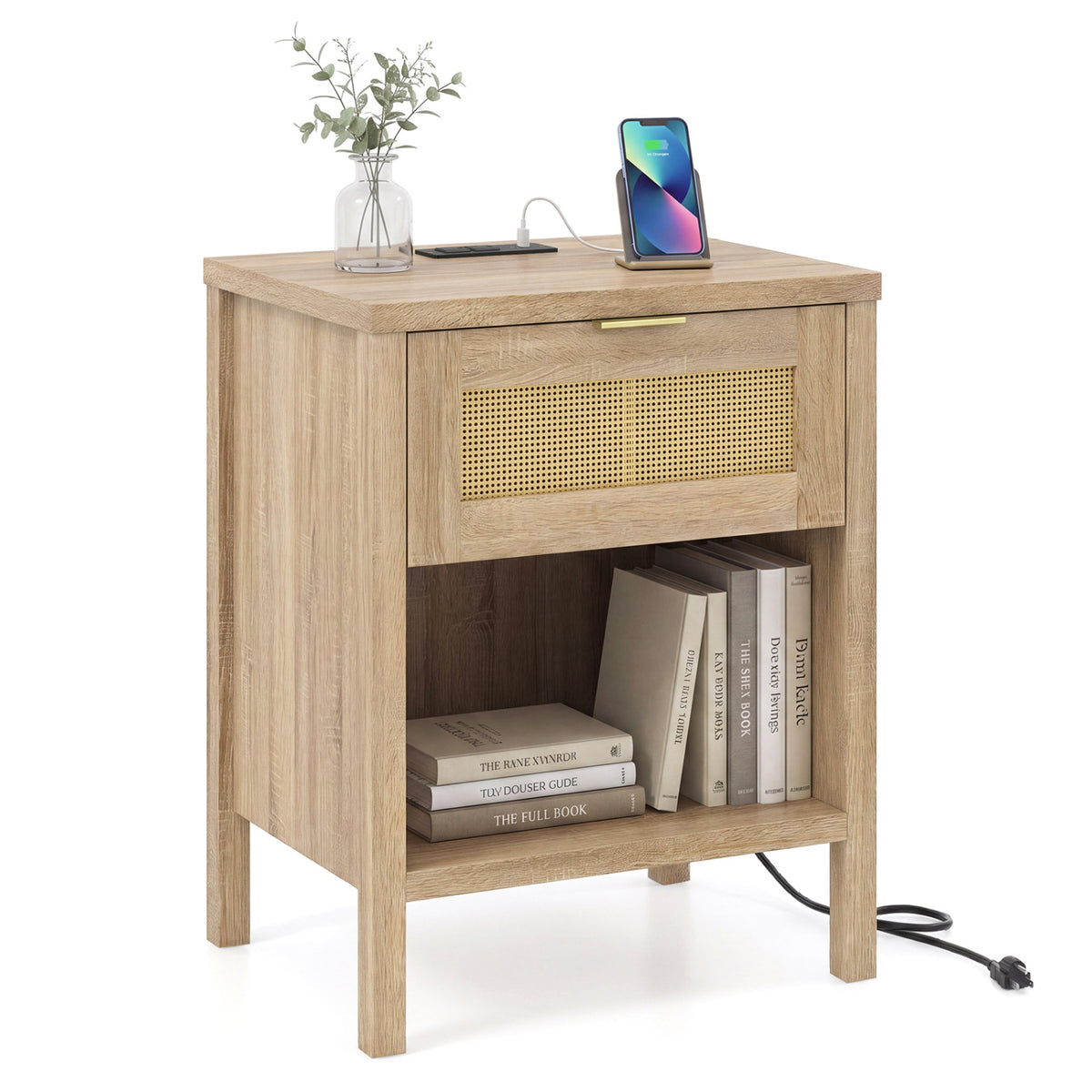 Rattan Nightstand with Charging Station & Storage - Oak
