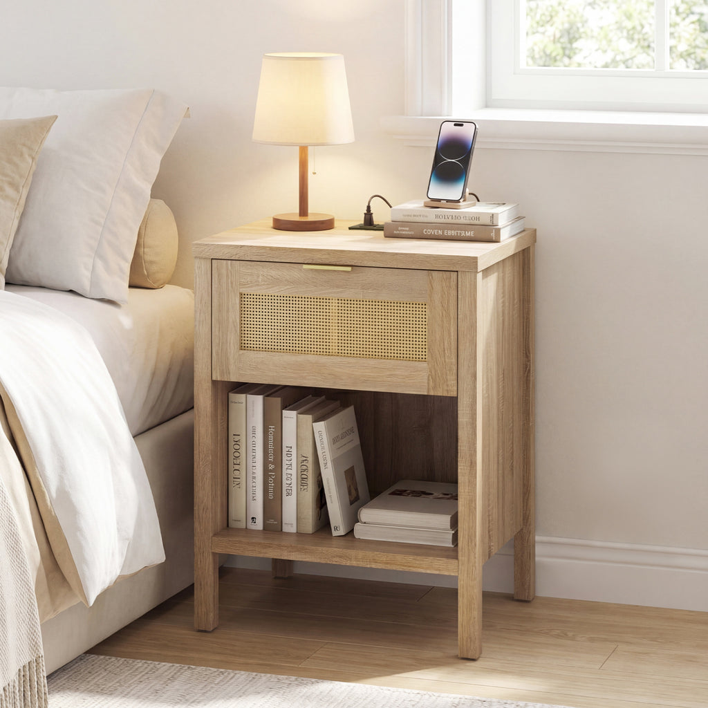 Rattan Nightstand with Charging Station & Storage - Oak