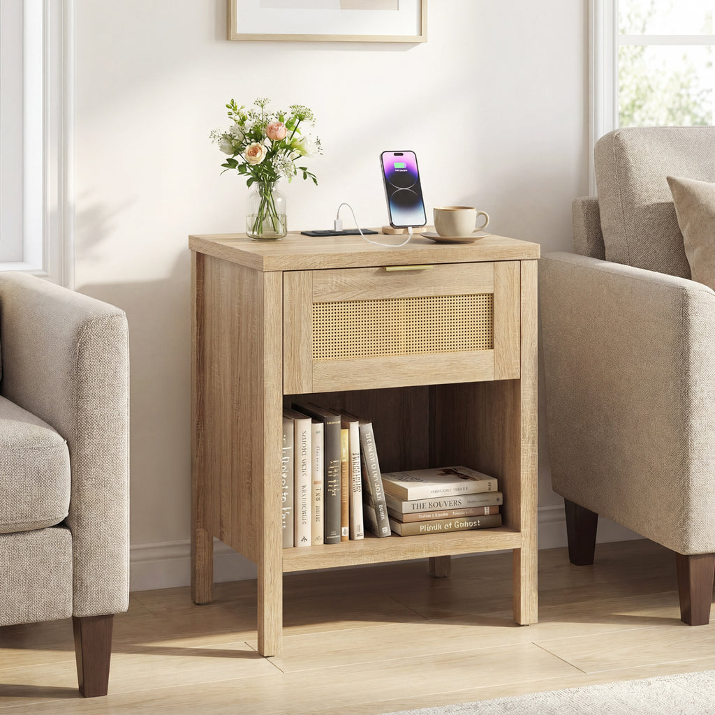 Rattan Nightstand with Charging Station & Storage - Oak