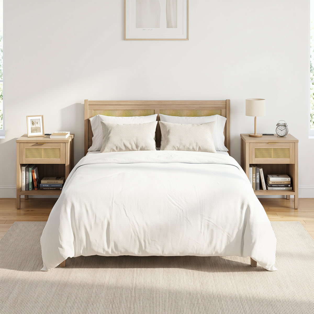 Rattan Nightstand with Charging Station & Storage - Oak