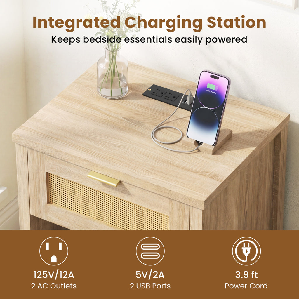 Rattan Nightstand with Charging Station & Storage - Oak