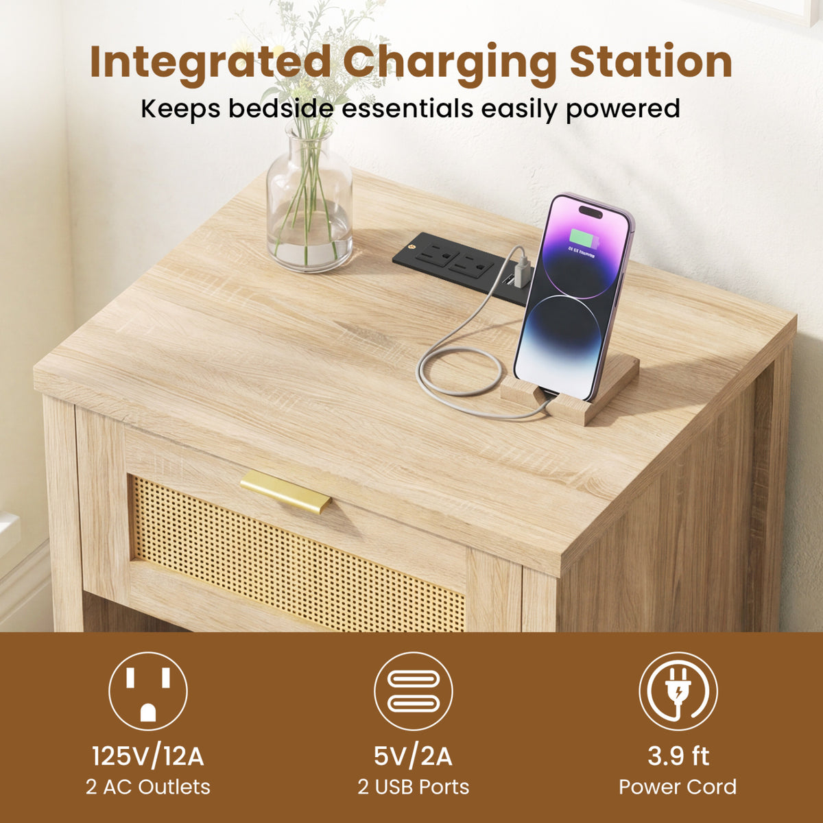 Rattan Nightstand with Charging Station & Storage - Oak