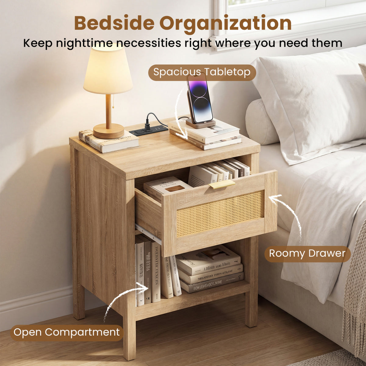 Rattan Nightstand with Charging Station & Storage - Oak