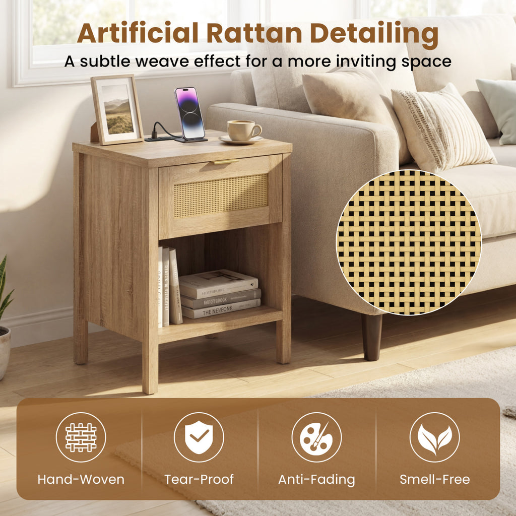 Rattan Nightstand with Charging Station & Storage - Oak