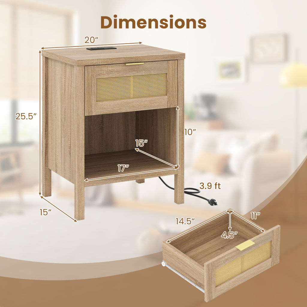 Rattan Nightstand with Charging Station & Storage - Oak