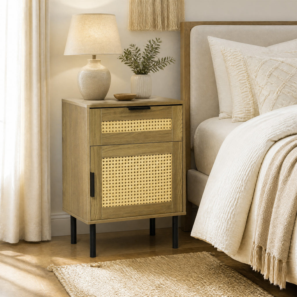Rattan Nightstand with Drawer & Storage Cabinet - Natural