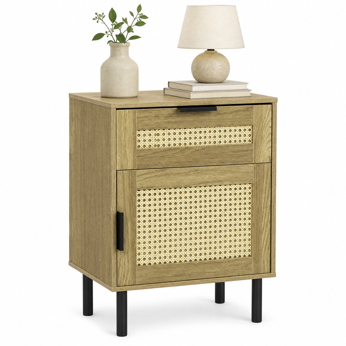Rattan Nightstand with Drawer & Storage Cabinet - Natural