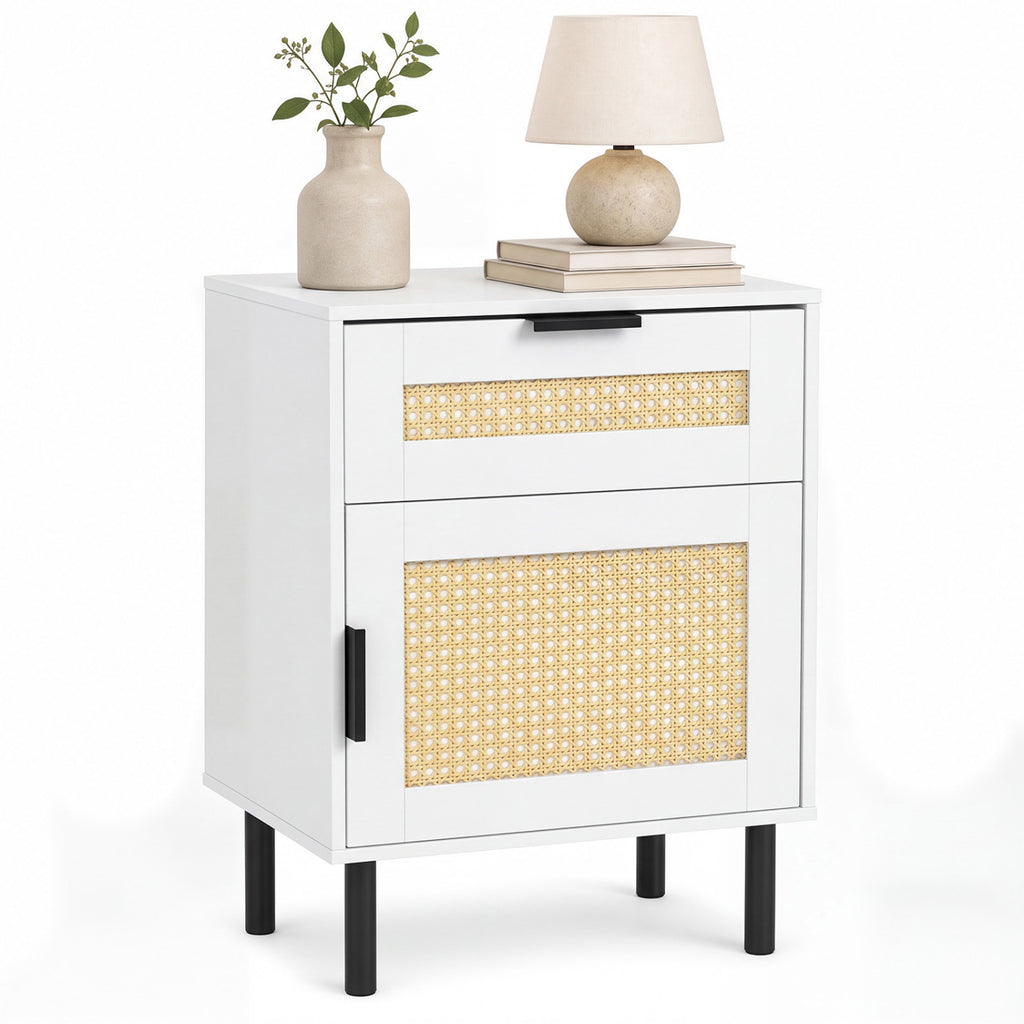 Rattan Nightstand with Drawer & Storage Cabinet - Natural