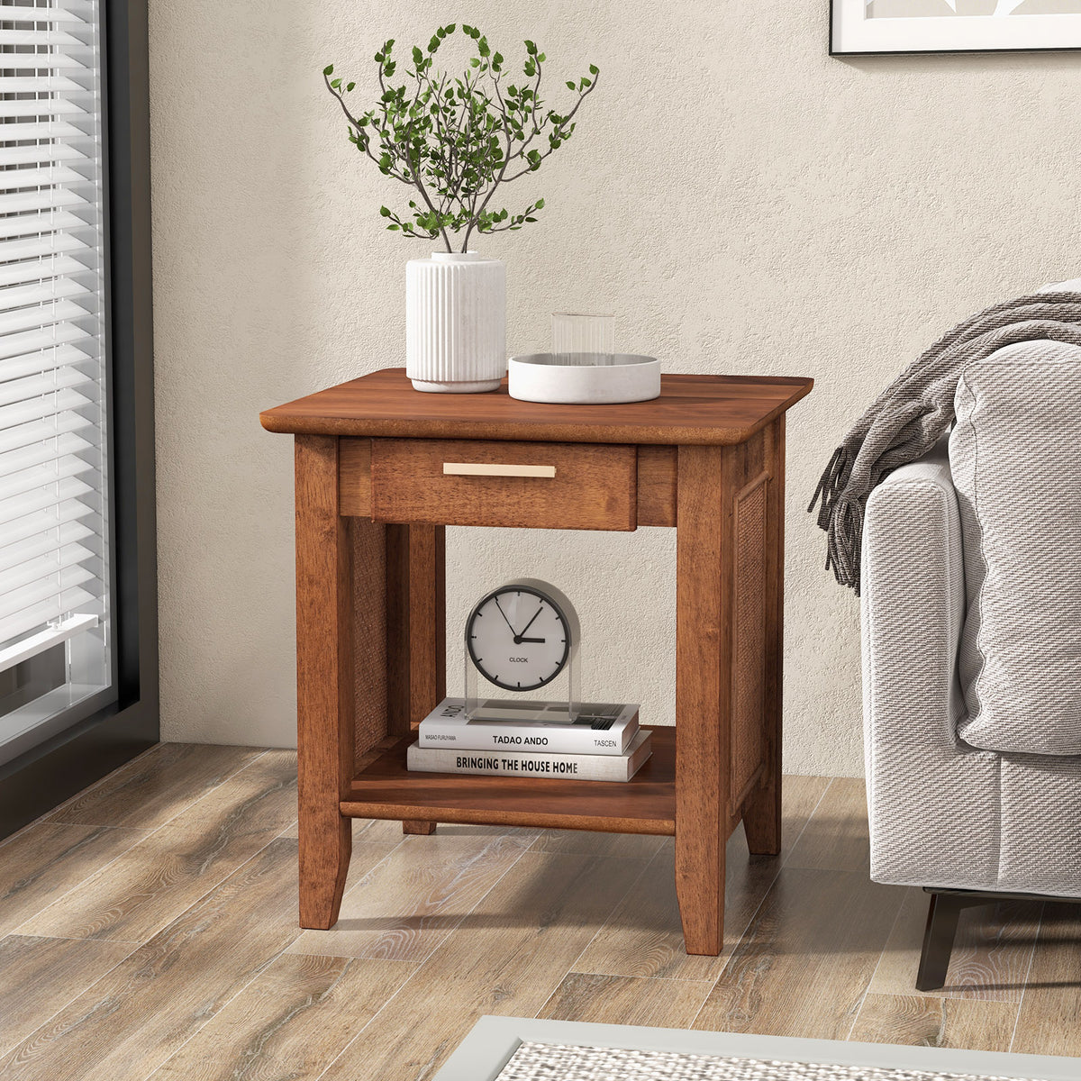 Rattan Nightstand End Table with Drawer Storage - Walnut