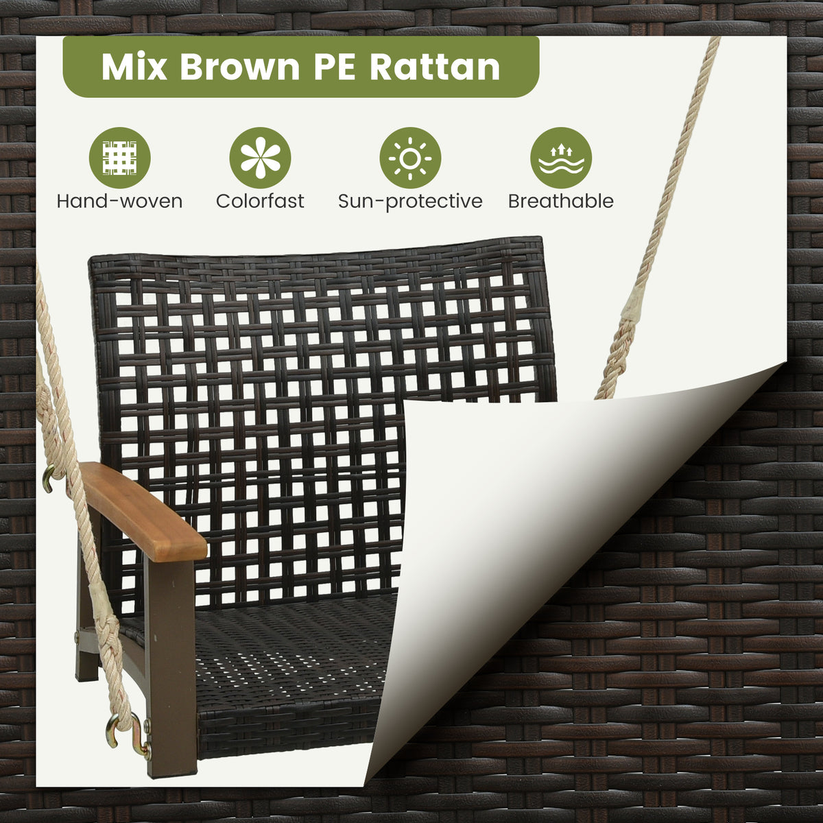 Single Rattan Porch Swing with Armrests Cushion and Hanging Ropes