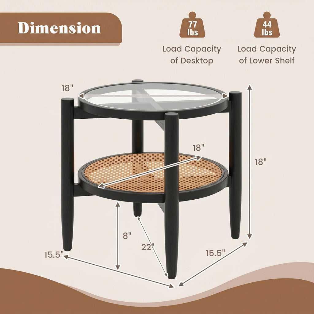 Rattan Round Side Table with Tempered Glass Top - Black