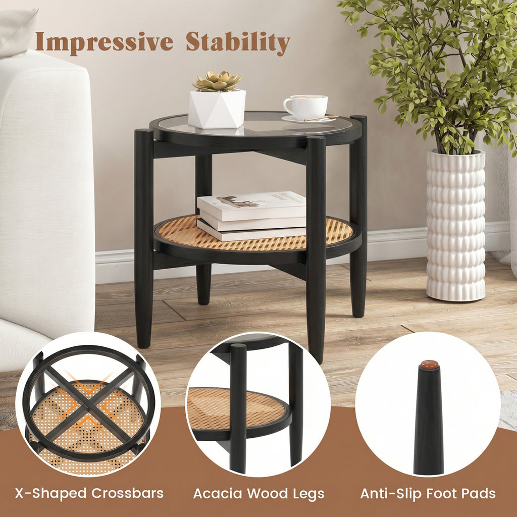 Rattan Round Side Table with Tempered Glass Top - Black