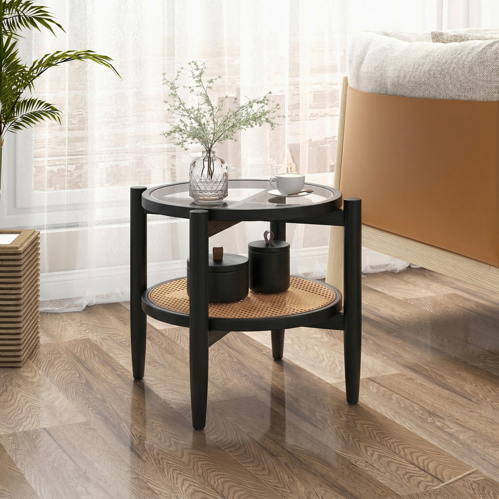 Rattan Round Side End Table with Tempered Glass Top - Black