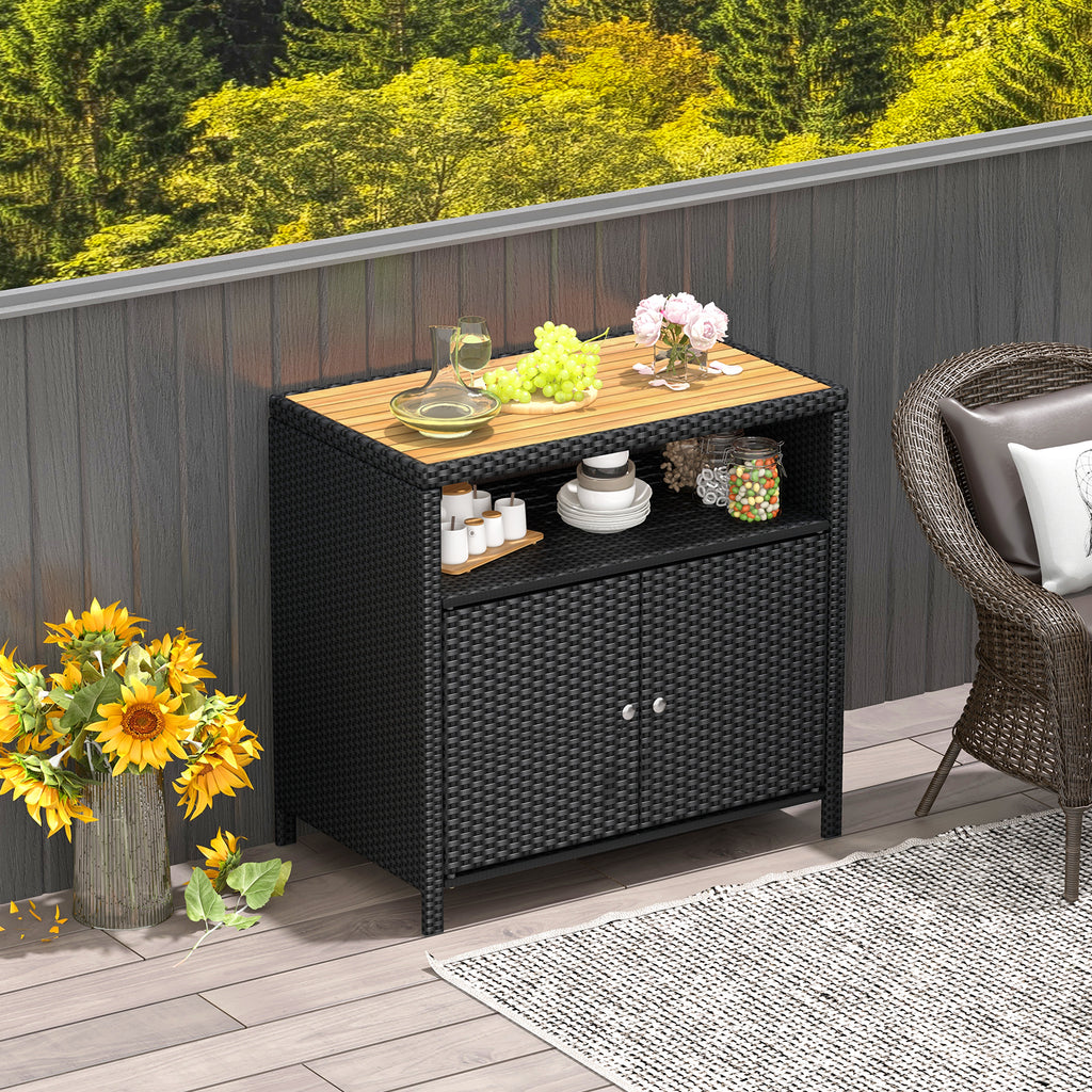 Rattan Storage Cabinet with Acacia Wood Countertop - Gray