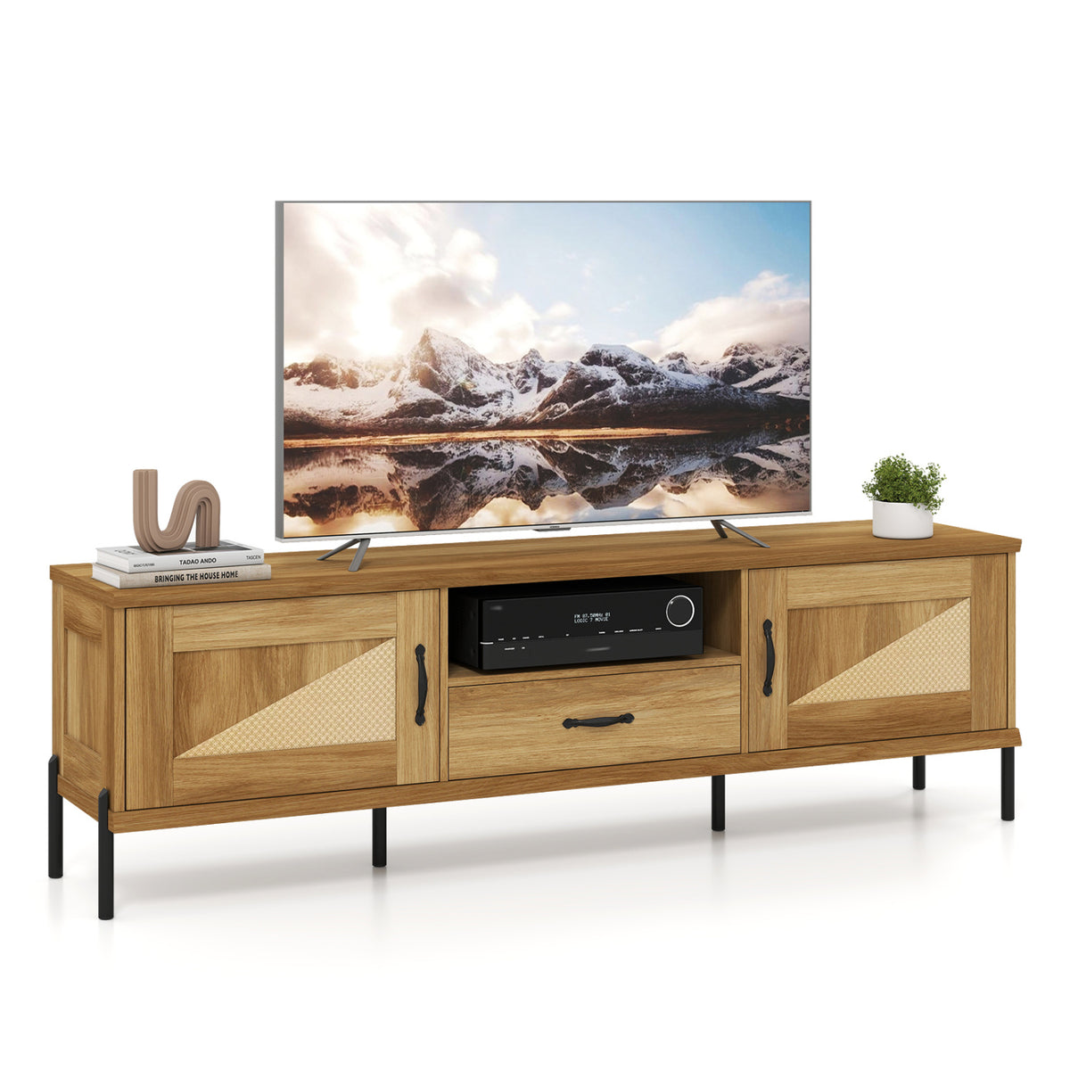 Rattan TV Stand up to 80" Mid Century Modern Media Console - Natural