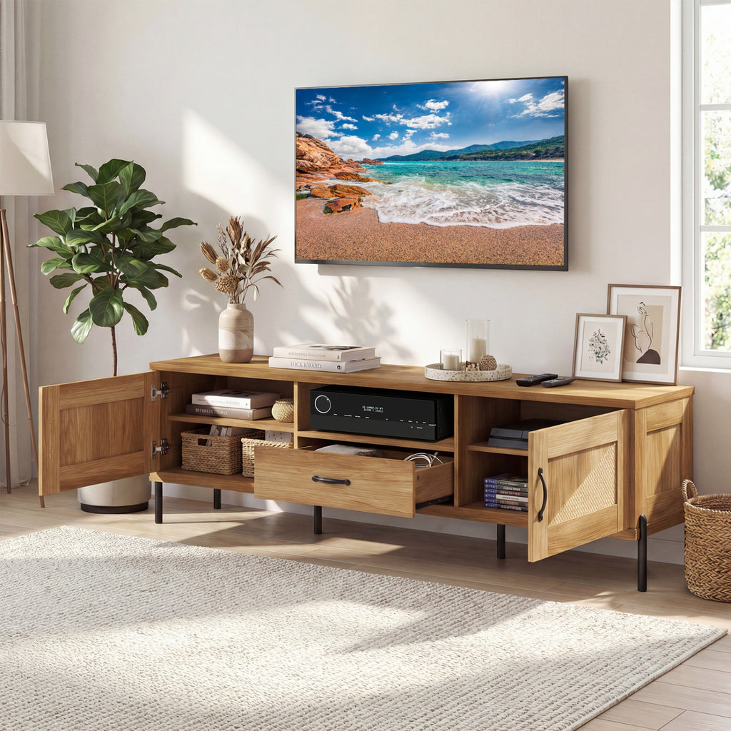 Rattan TV Stand up to 80" Mid Century Modern Media Console - Natural