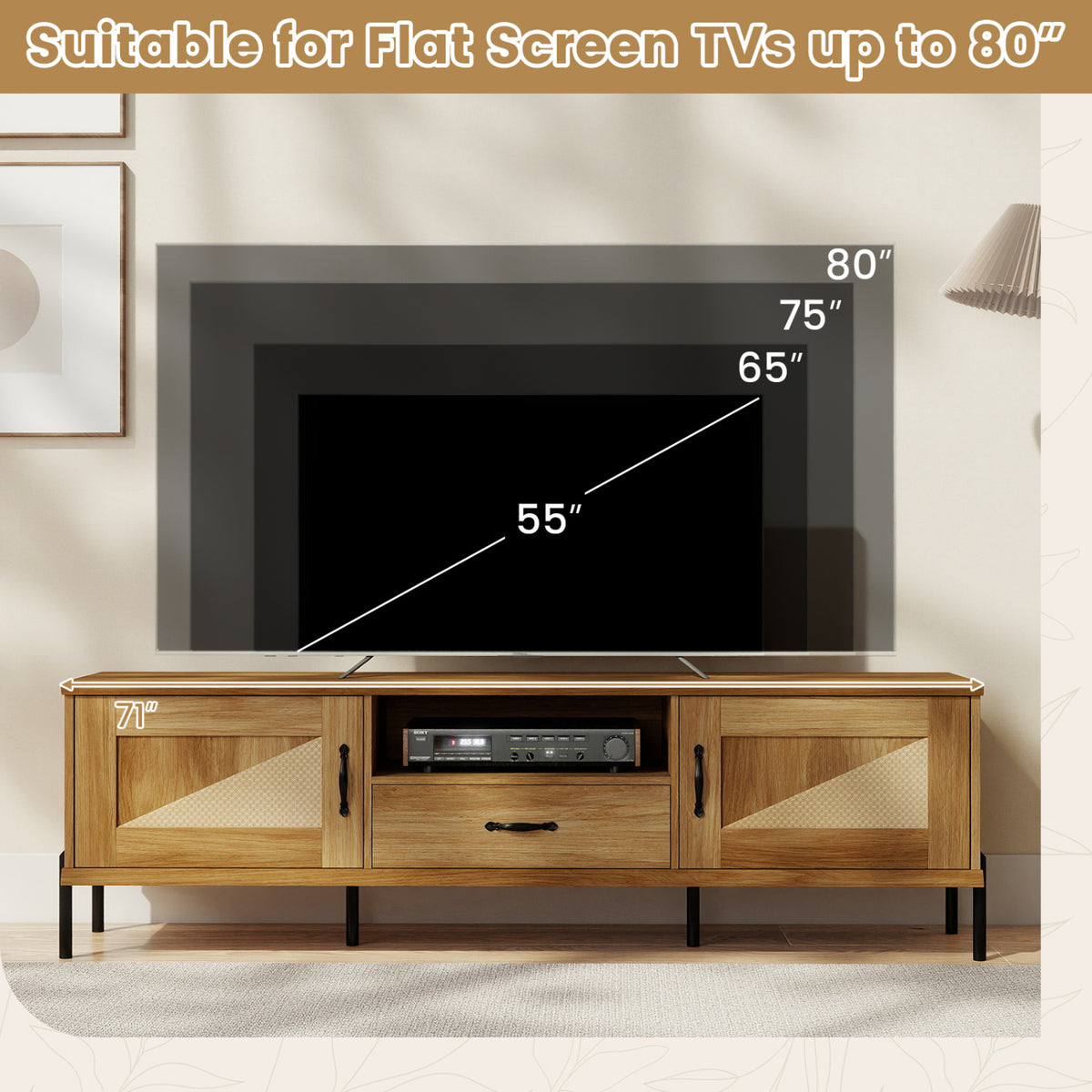 Rattan TV Stand up to 80" Mid Century Modern Media Console - Natural