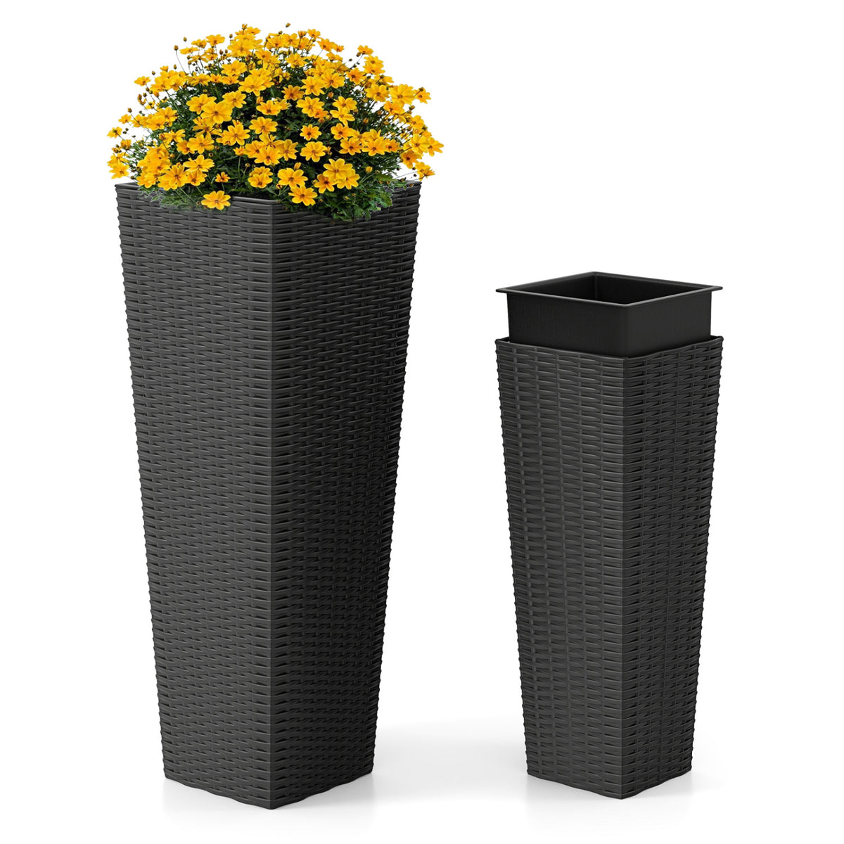Costway Black Rattan Tall Planter Set of 2 Outdoor Large Tapered Plant Pots