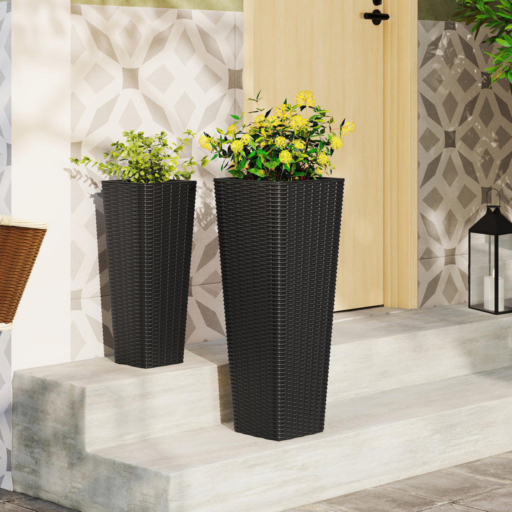 Costway Black Rattan Tall Planter Set of 2 Outdoor Large Tapered Plant Pots