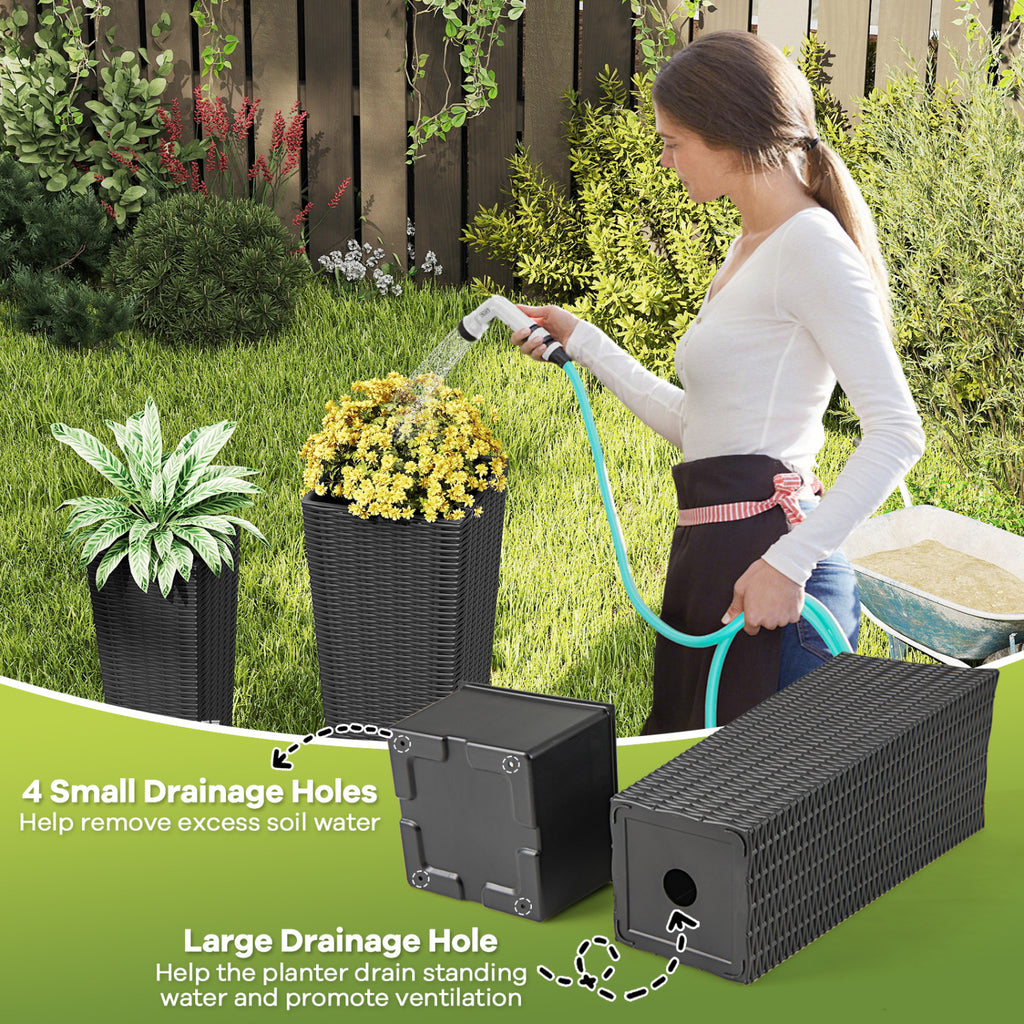 Costway Black Rattan Tall Planter Set of 2 Outdoor Large Tapered Plant Pots