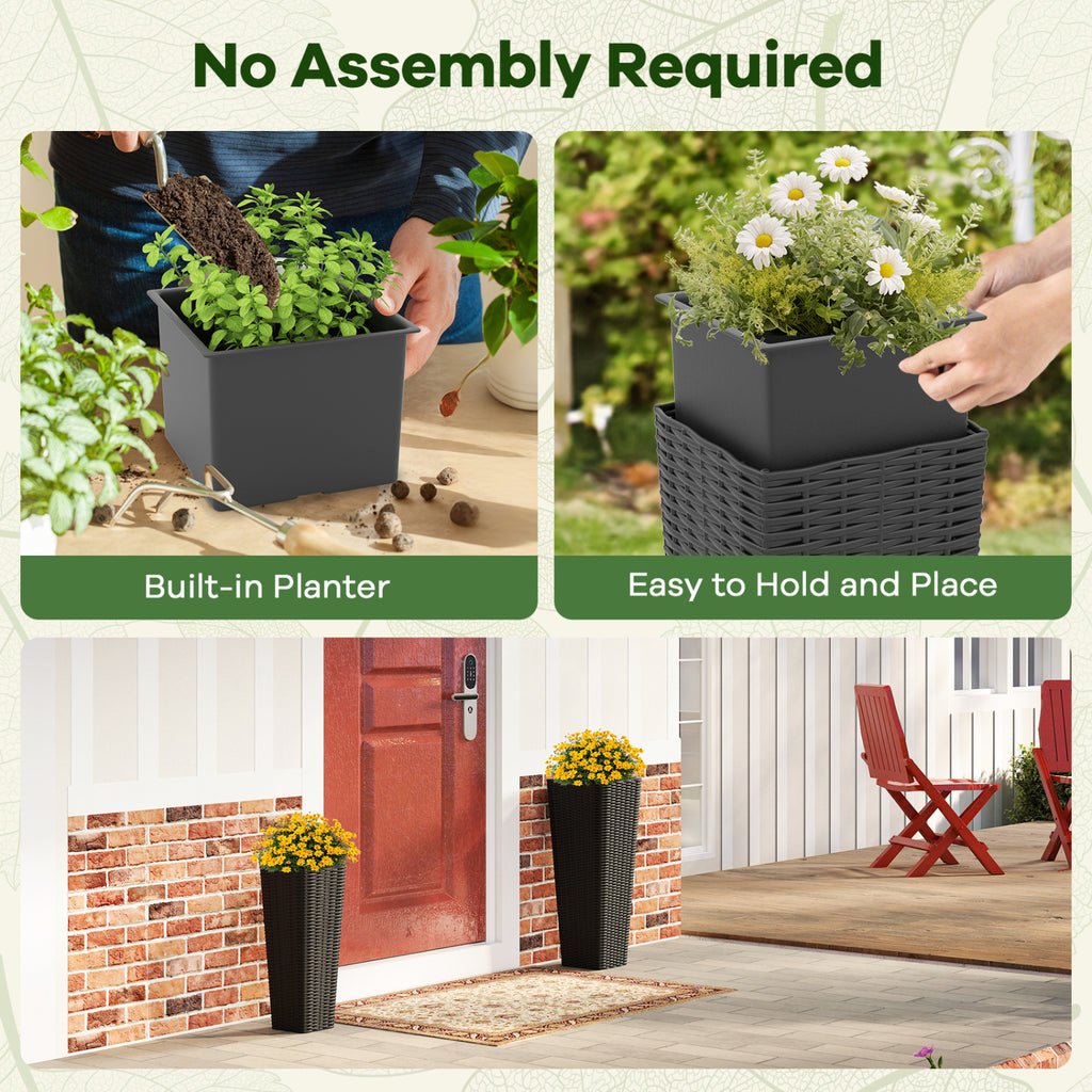 Costway Black Rattan Tall Planter Set of 2 Outdoor Large Tapered Plant Pots