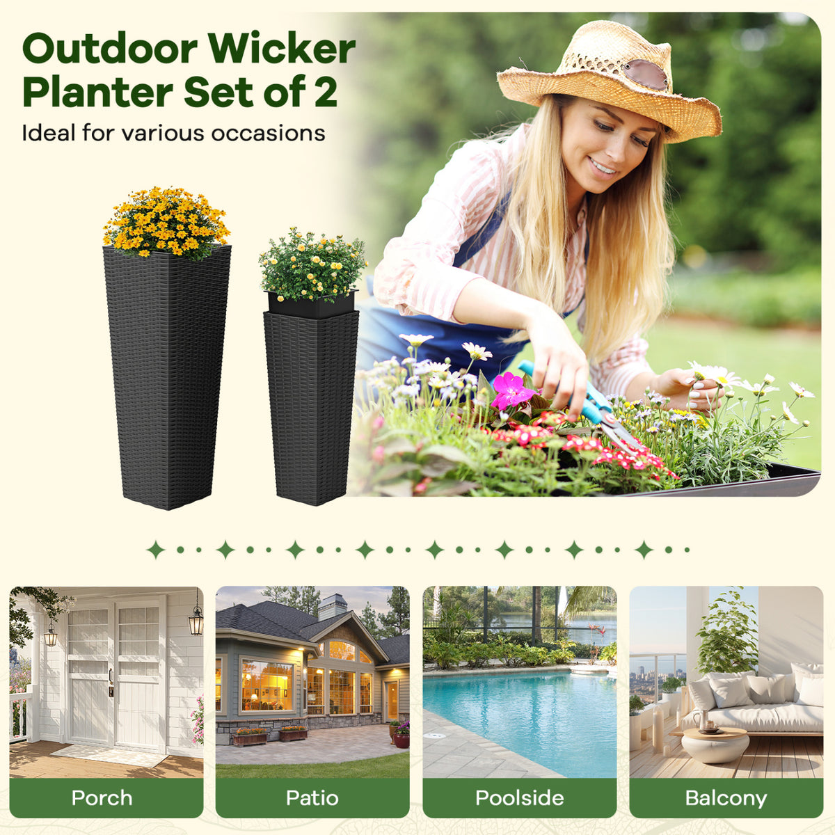 Costway Black Rattan Tall Planter Set of 2 Outdoor Large Tapered Plant Pots