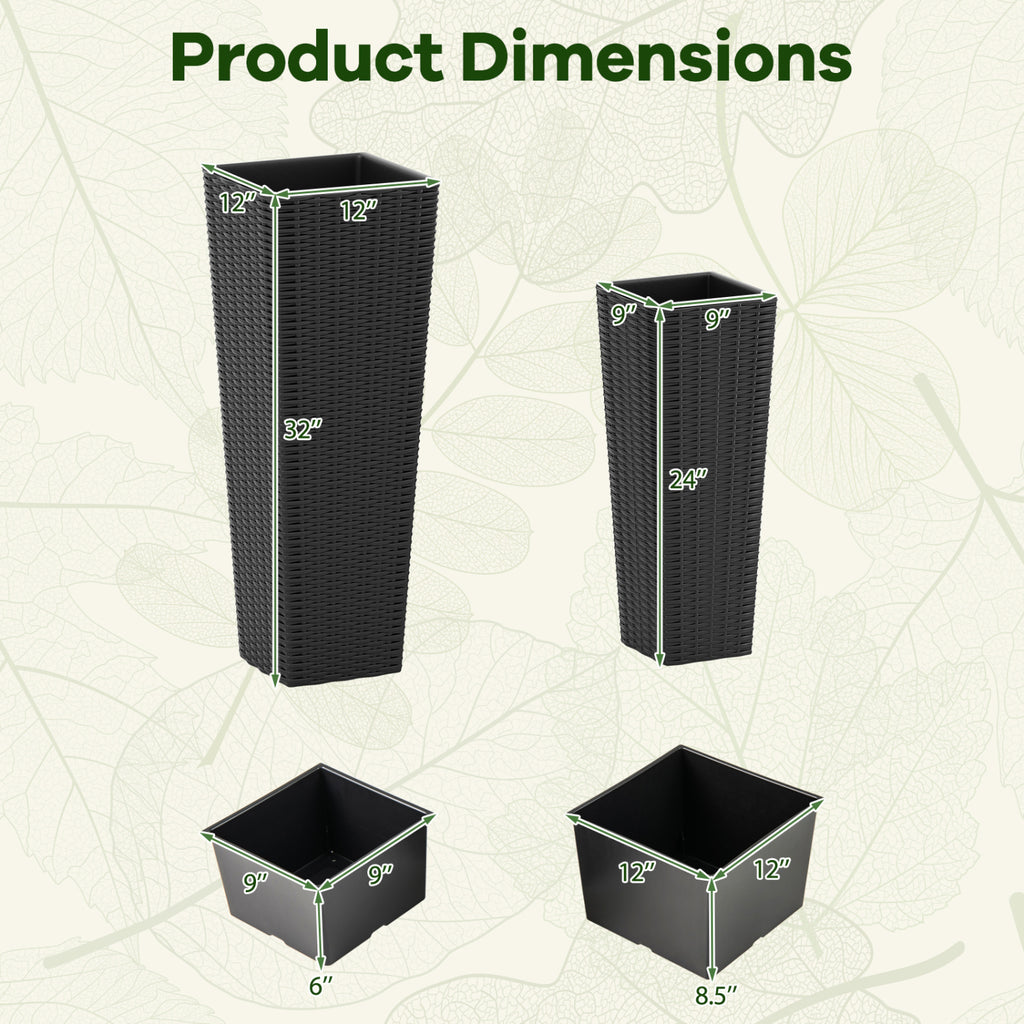Costway Black Rattan Tall Planter Set of 2 Outdoor Large Tapered Plant Pots