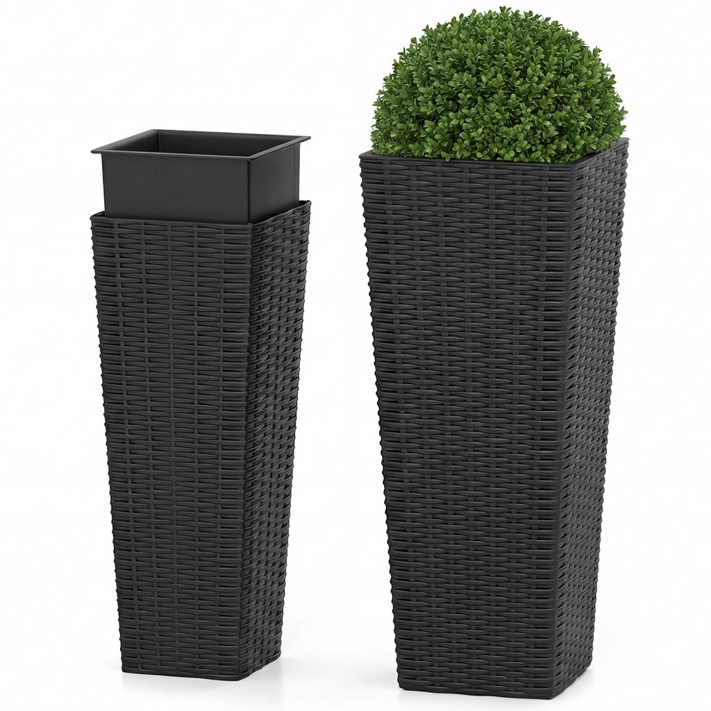 Costway Black Rattan Tall Planter Set of 2 Outdoor Large Tapered Plant Pots