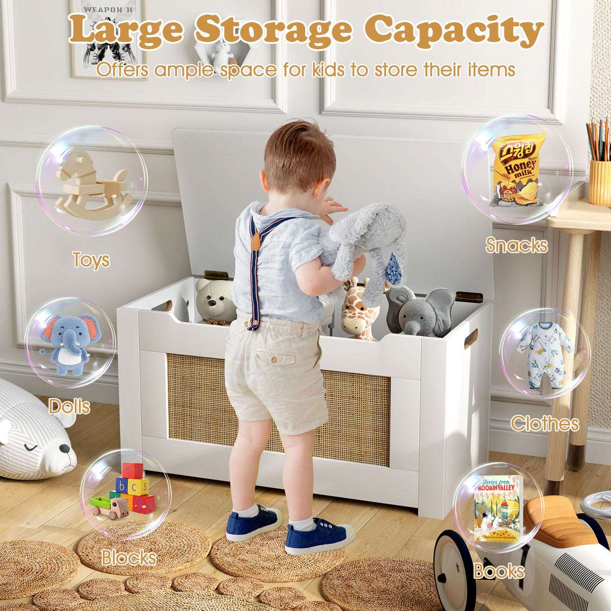 Kids Rattan Toy Storage Box with Flip Top Lid & Safety Hinge - White, Variation of THIS listing