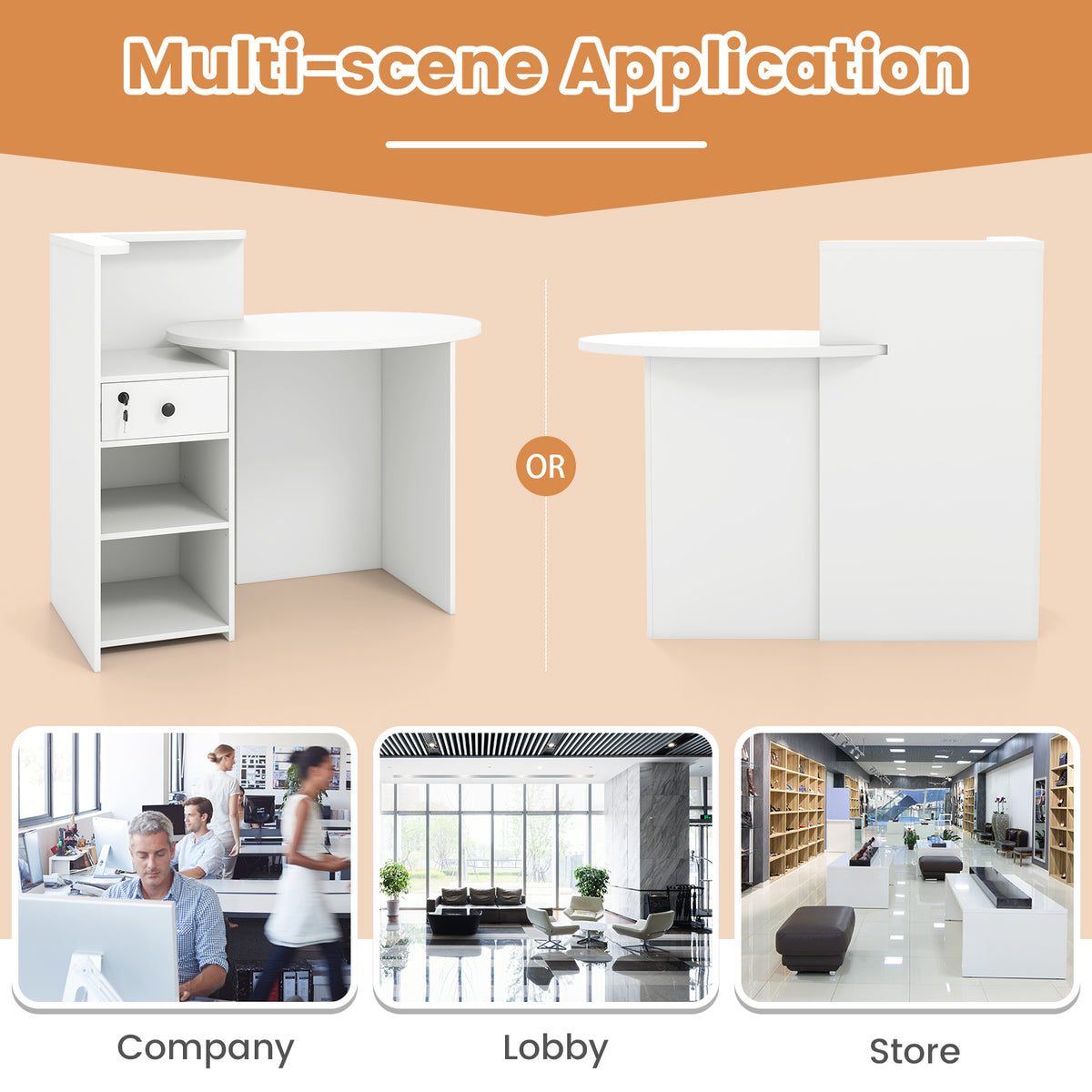 Reception Office Desk with Open Shelf and Lockable Drawer - White, M