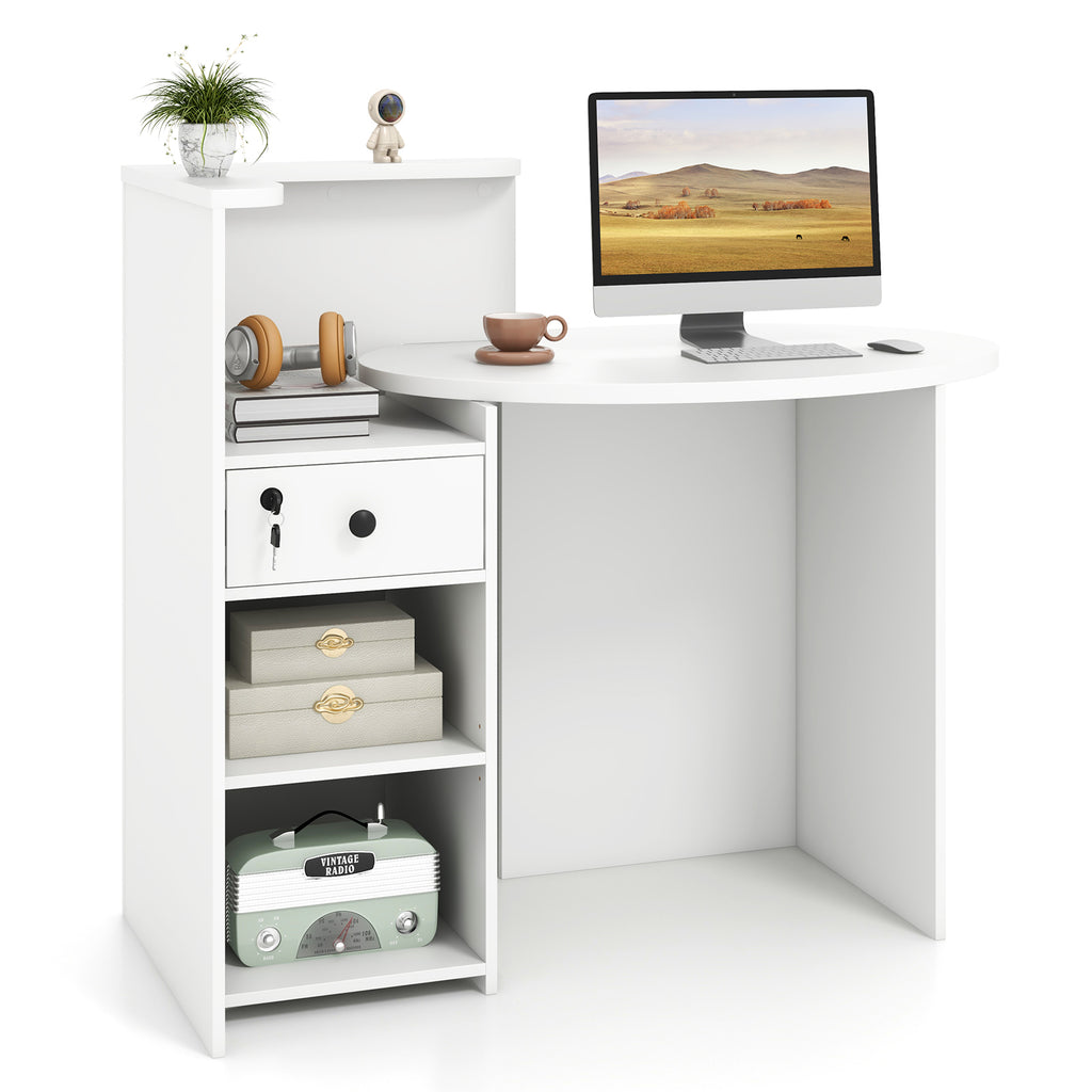 Reception Office Desk with Open Shelf and Lockable Drawer - White, M