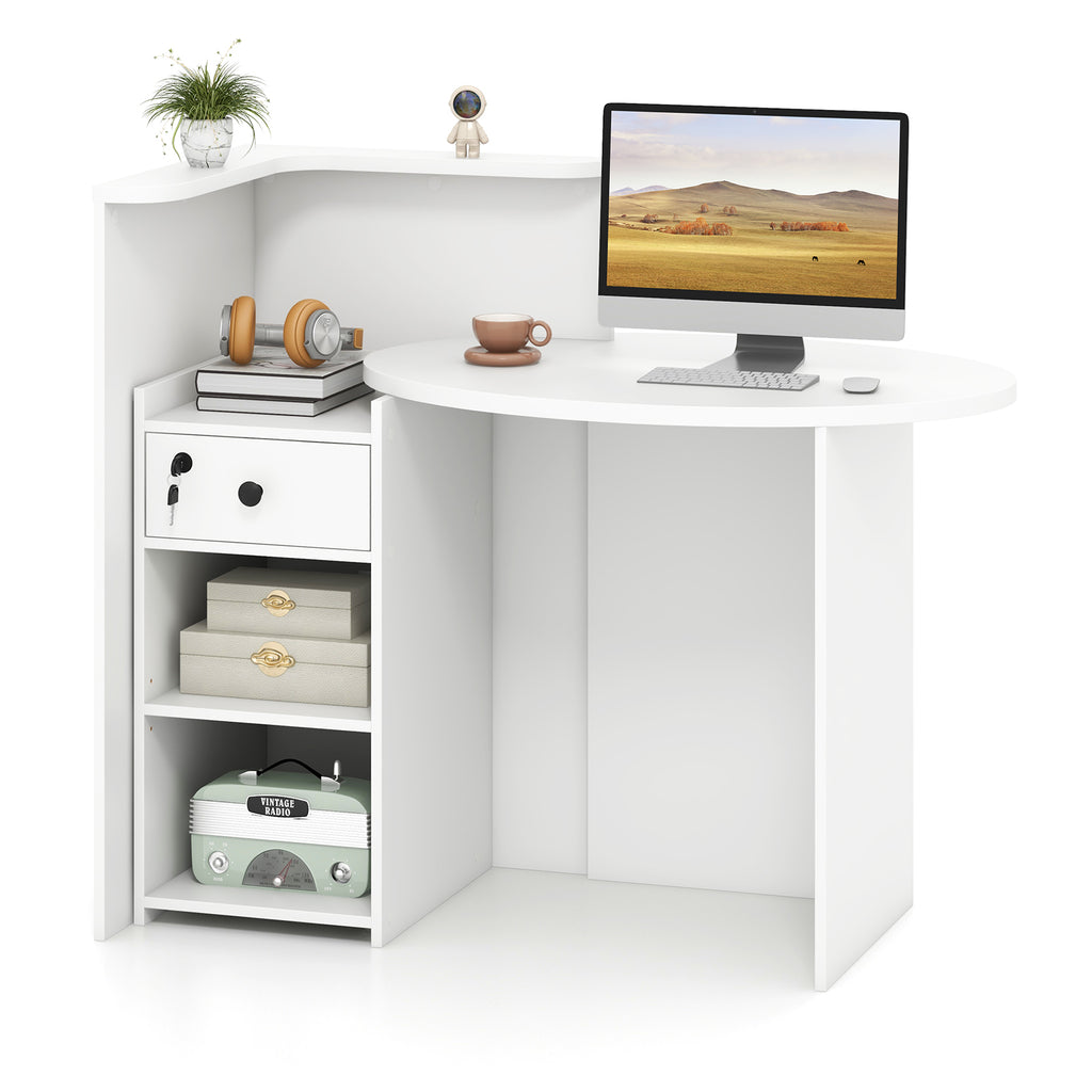 Reception Office Desk with Open Shelf and Lockable Drawer - White, M