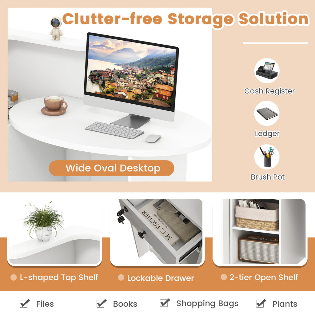 Reception Office Desk with Open Shelf and Lockable Drawer - White, M