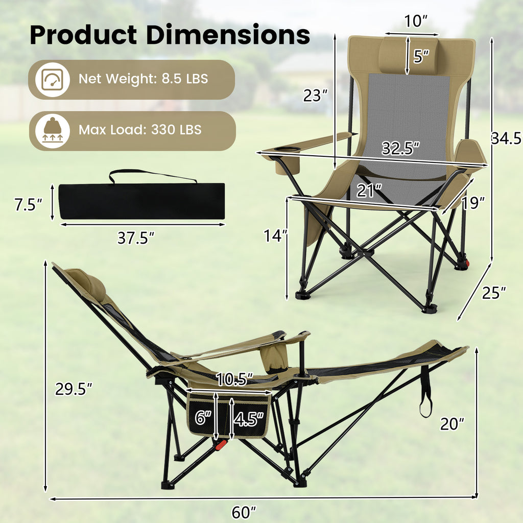 Reclining Camping Chair with Removable Footrest and Adjustable