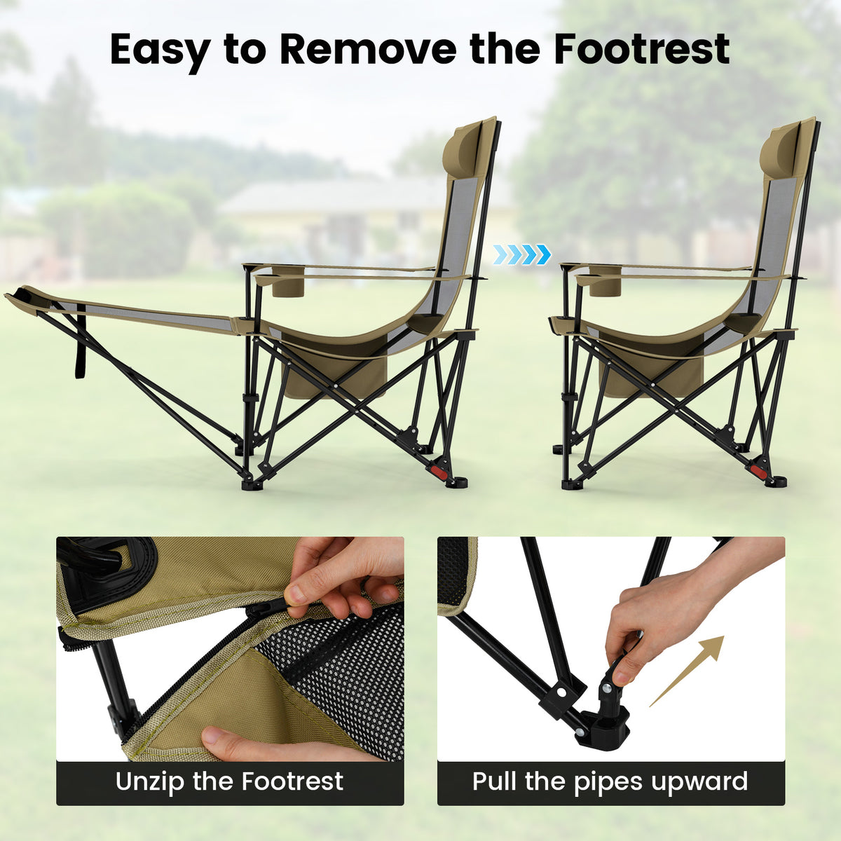 Reclining Camping Chair with Removable Footrest and Adjustable