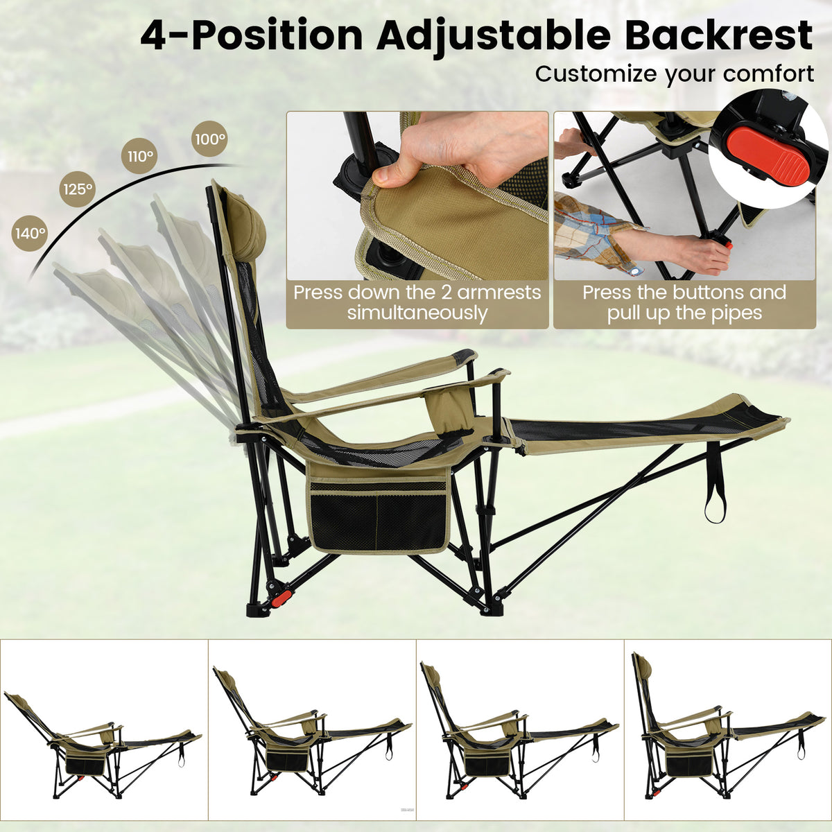 Reclining Camping Chair with Removable Footrest and Adjustable